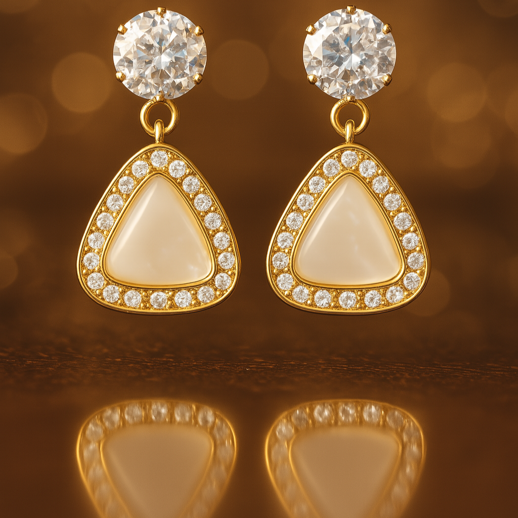 Pair of gold and beige earrings on a reflective surface with a blurred background