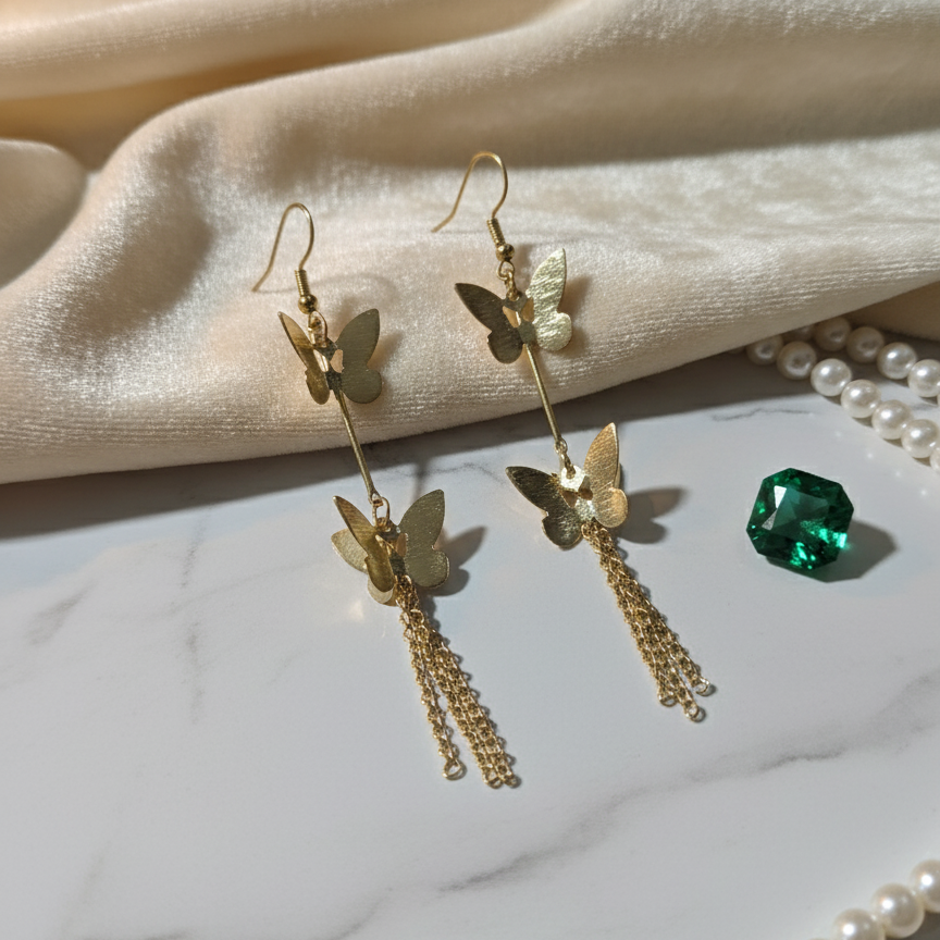 Gold butterfly earrings on a beige fabric background with a green gemstone and pearl necklace.