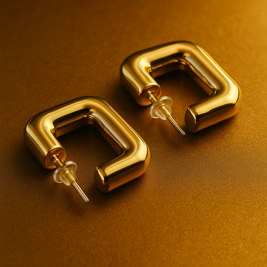 Gold hoop earrings on a brown background