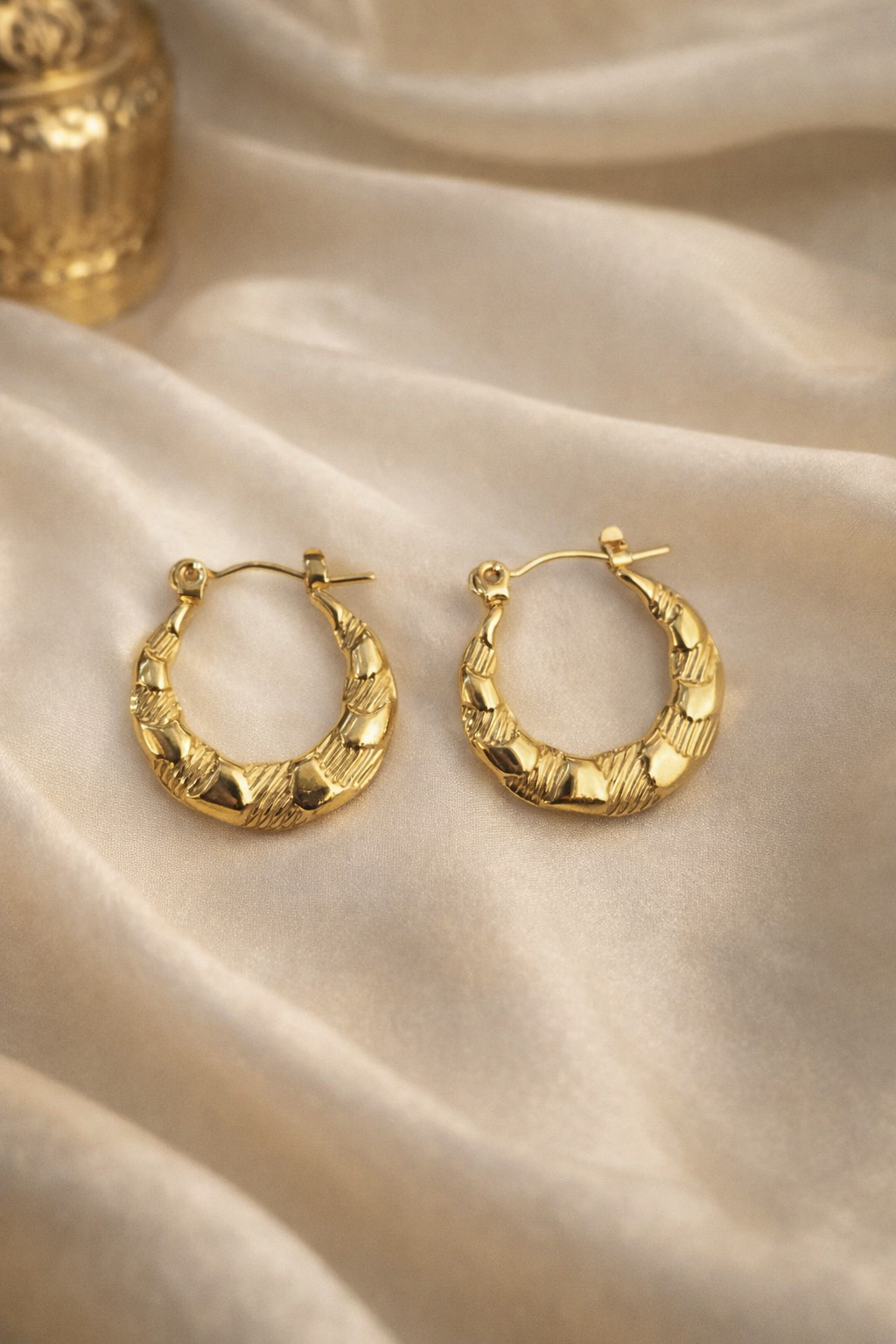 The earings on a champagne cloth background 