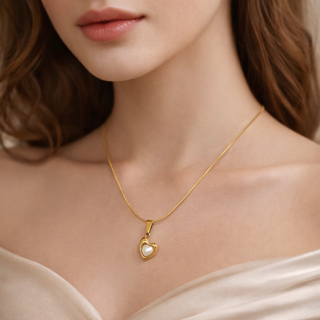 Gold necklace with a heart-shaped pendant draped on a woman's neck