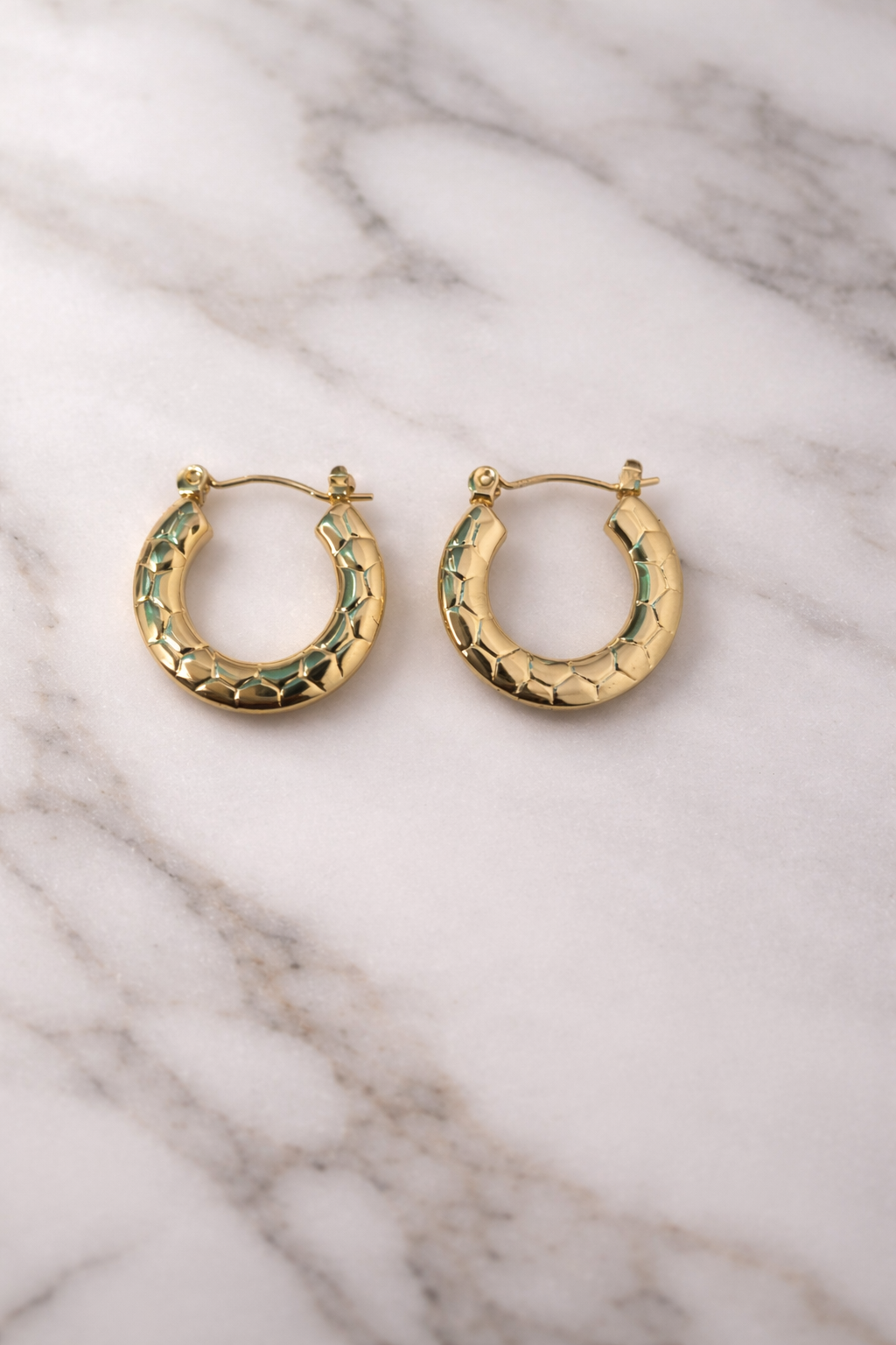 The earings on a white marble background 