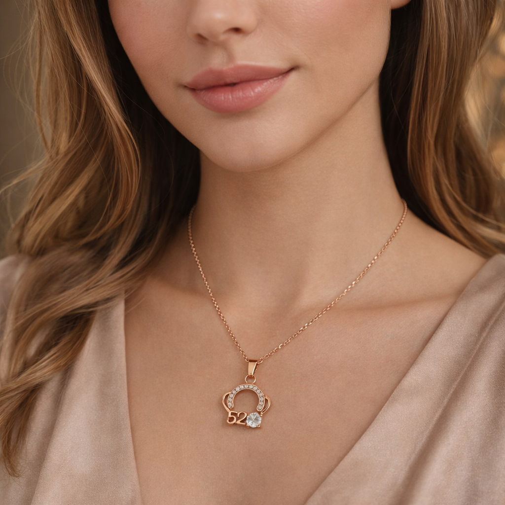 the pendant around a woman's neck