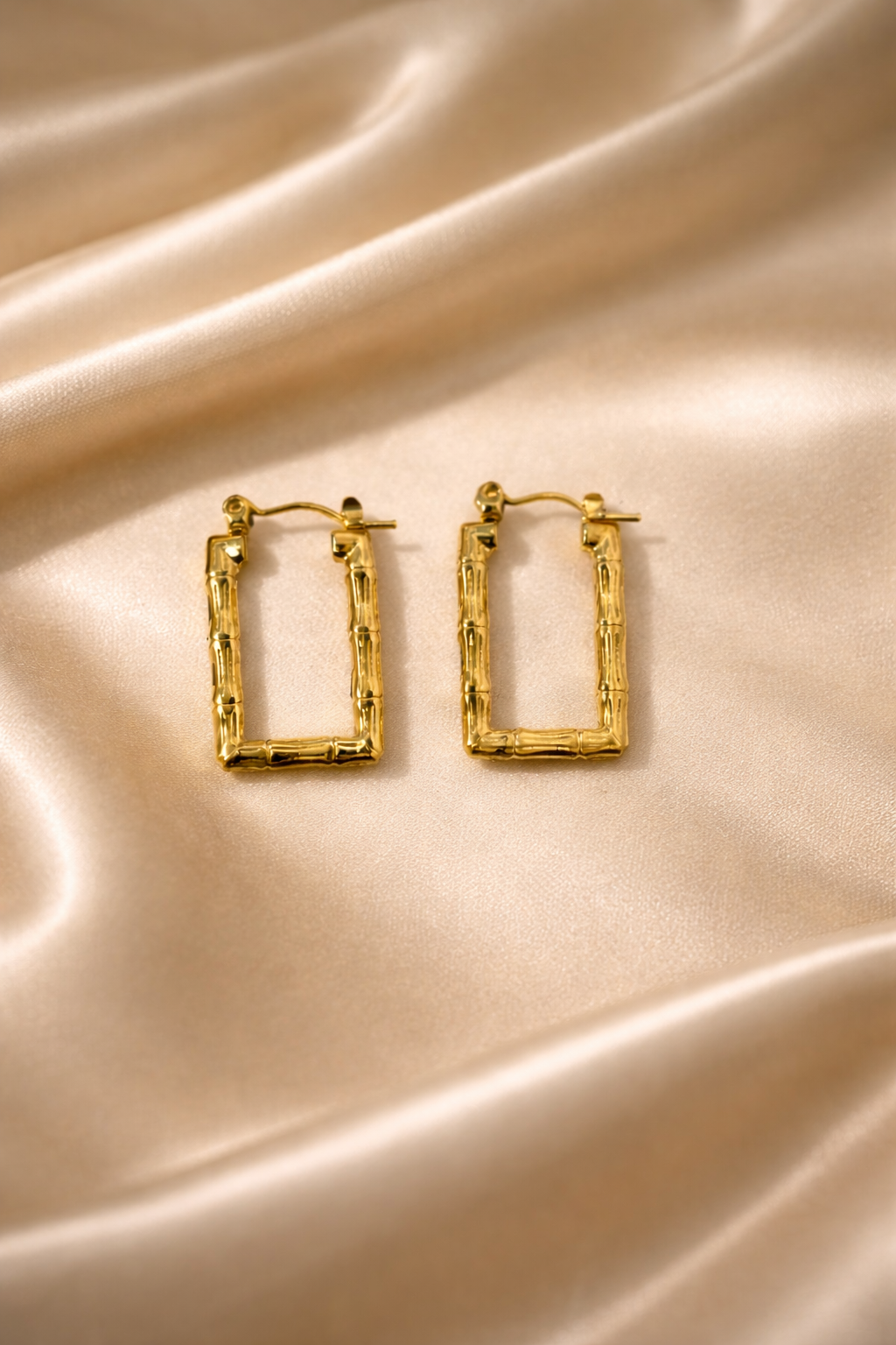 The earings on a champagne colored background 