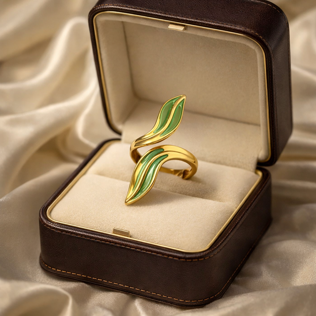 The ring in a jewelry box on a champagne cloth background  