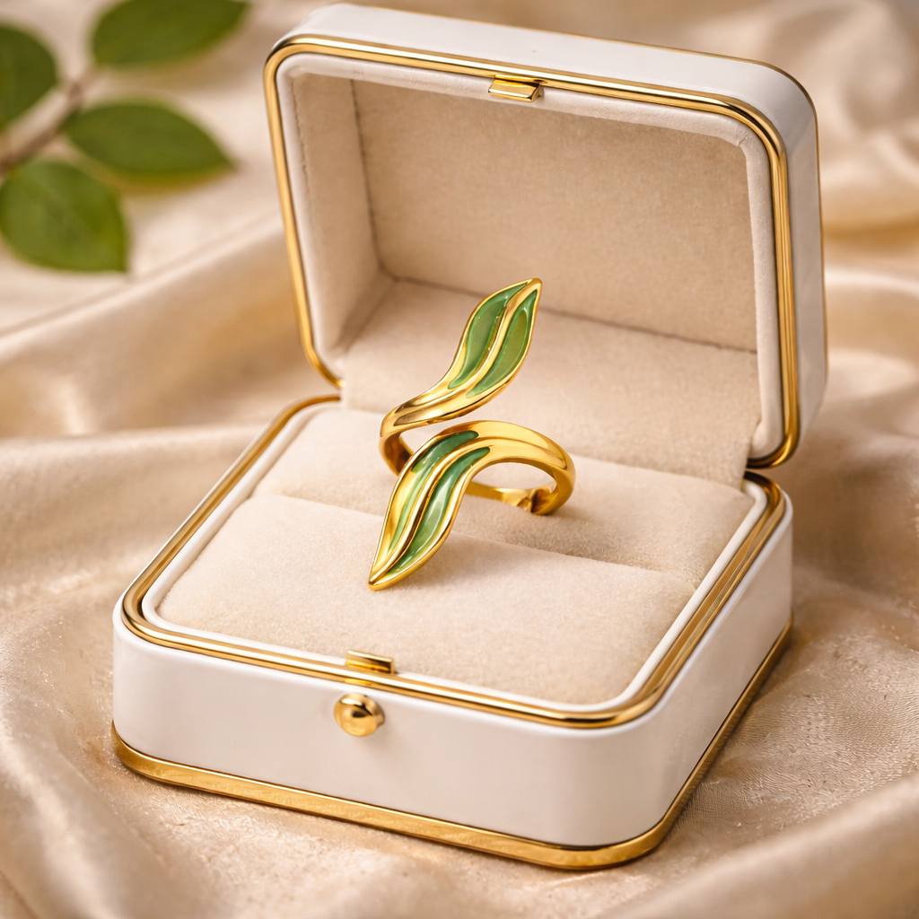 The ring in a jewelry box on a champagne cloth background 
