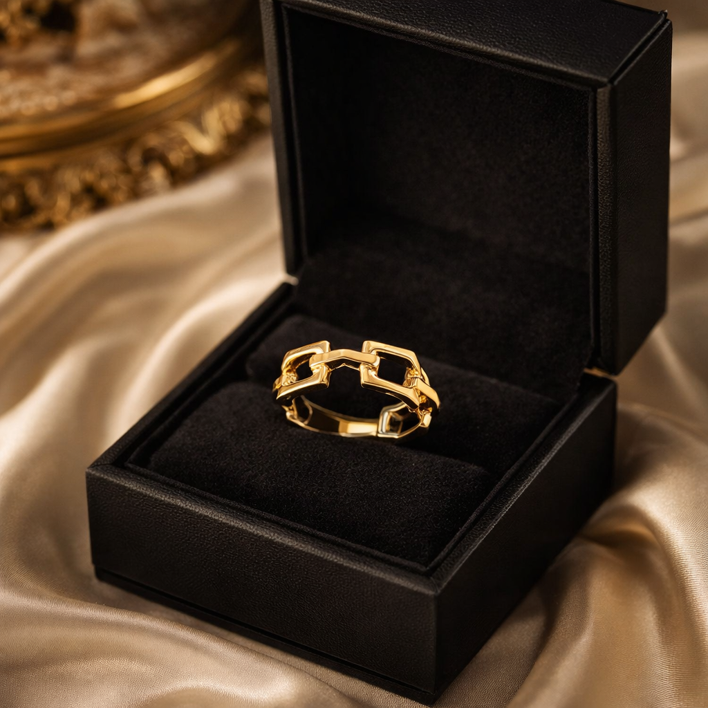 The ring in a black jewelry box on a golden cloth background 