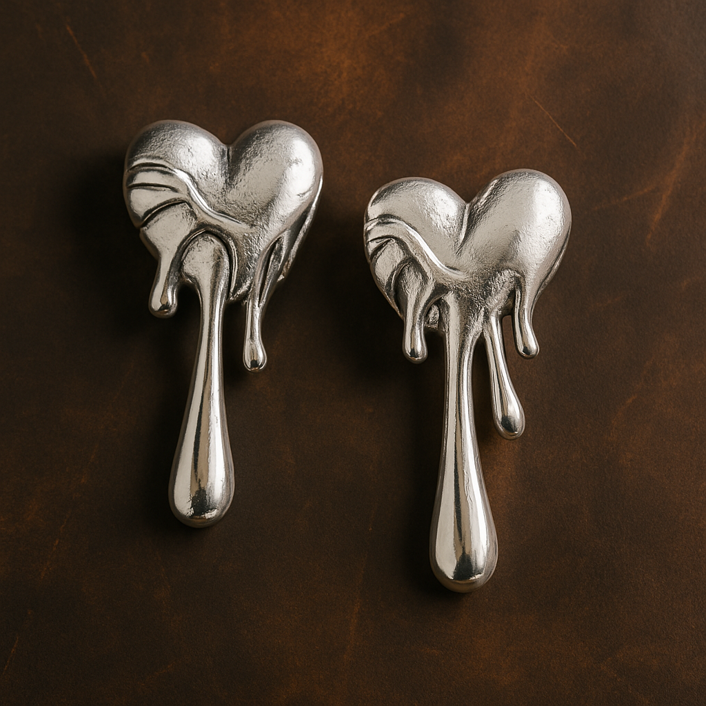 Silver heart-shaped earrings on a brown leather background