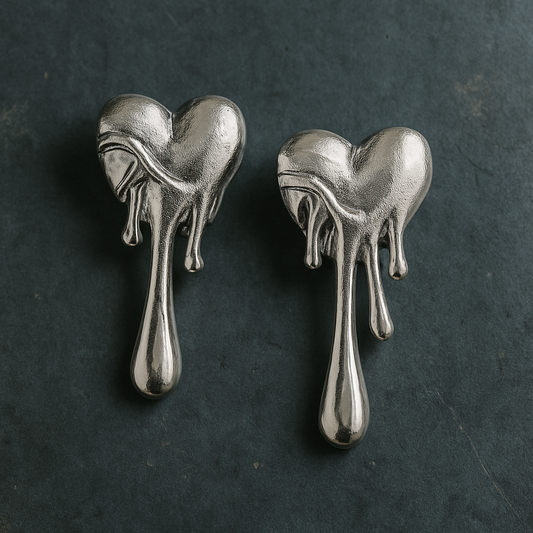 Silver heart-shaped earrings with a dripping design on a dark background