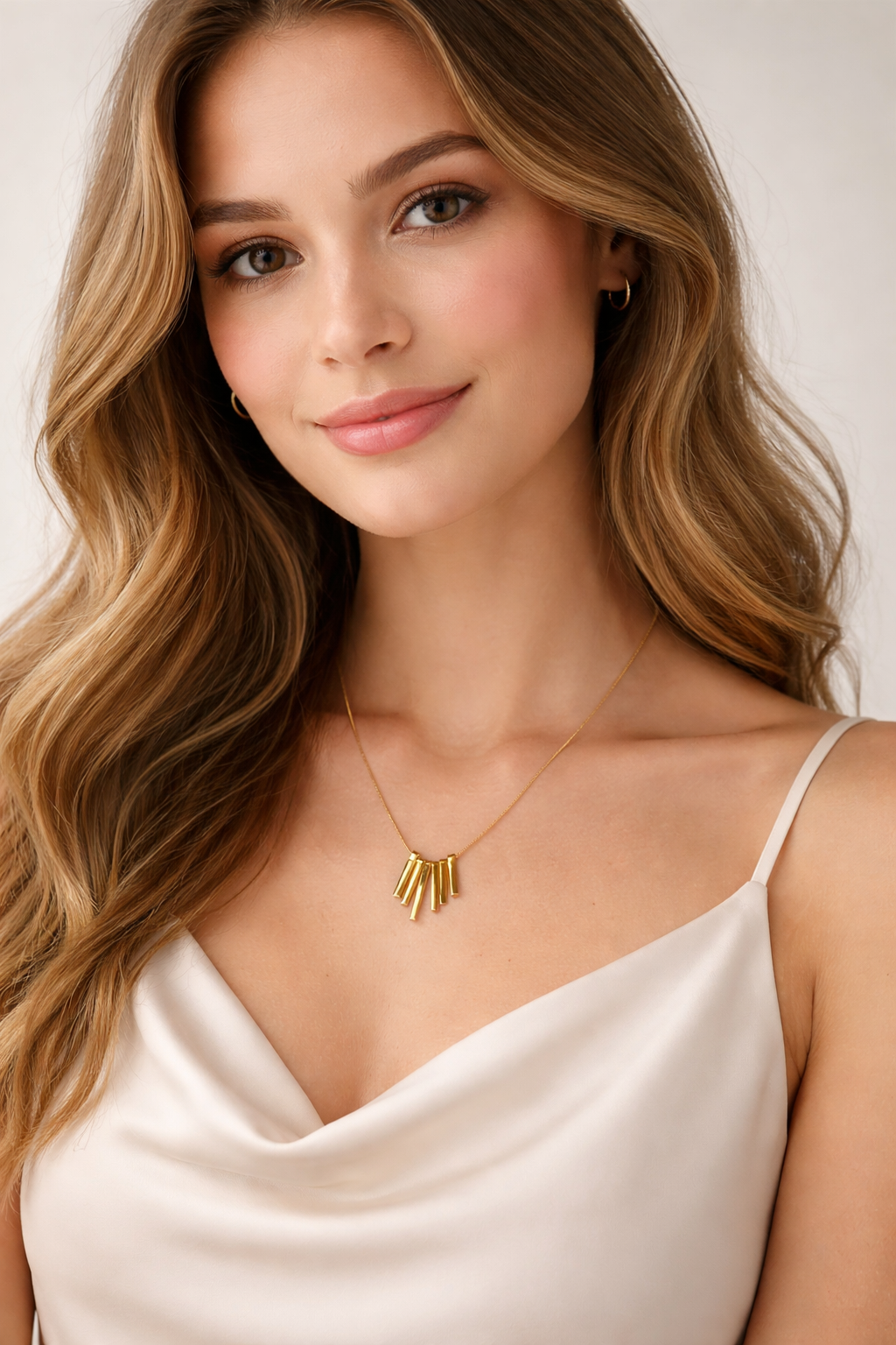 the golden pendant around a woman's neck