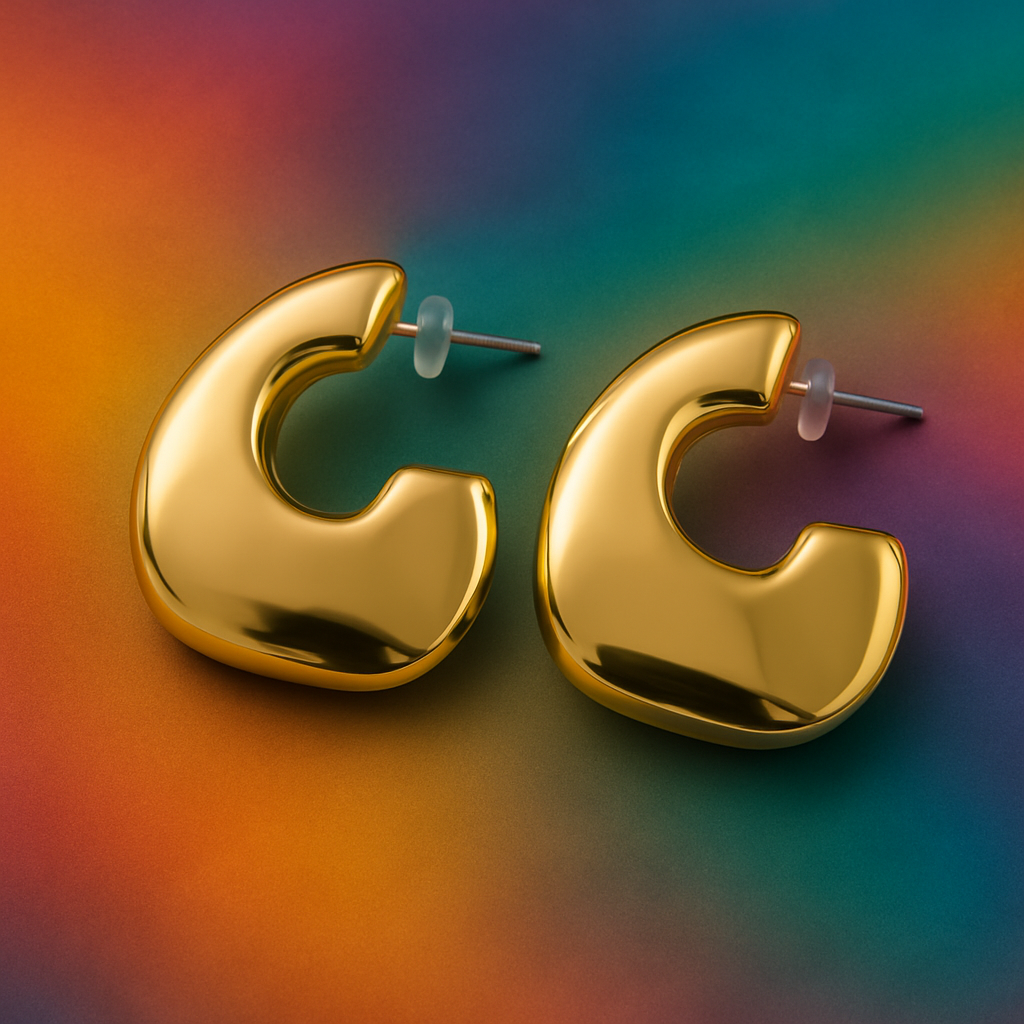 Gold hoop earrings on a colorful gradient background