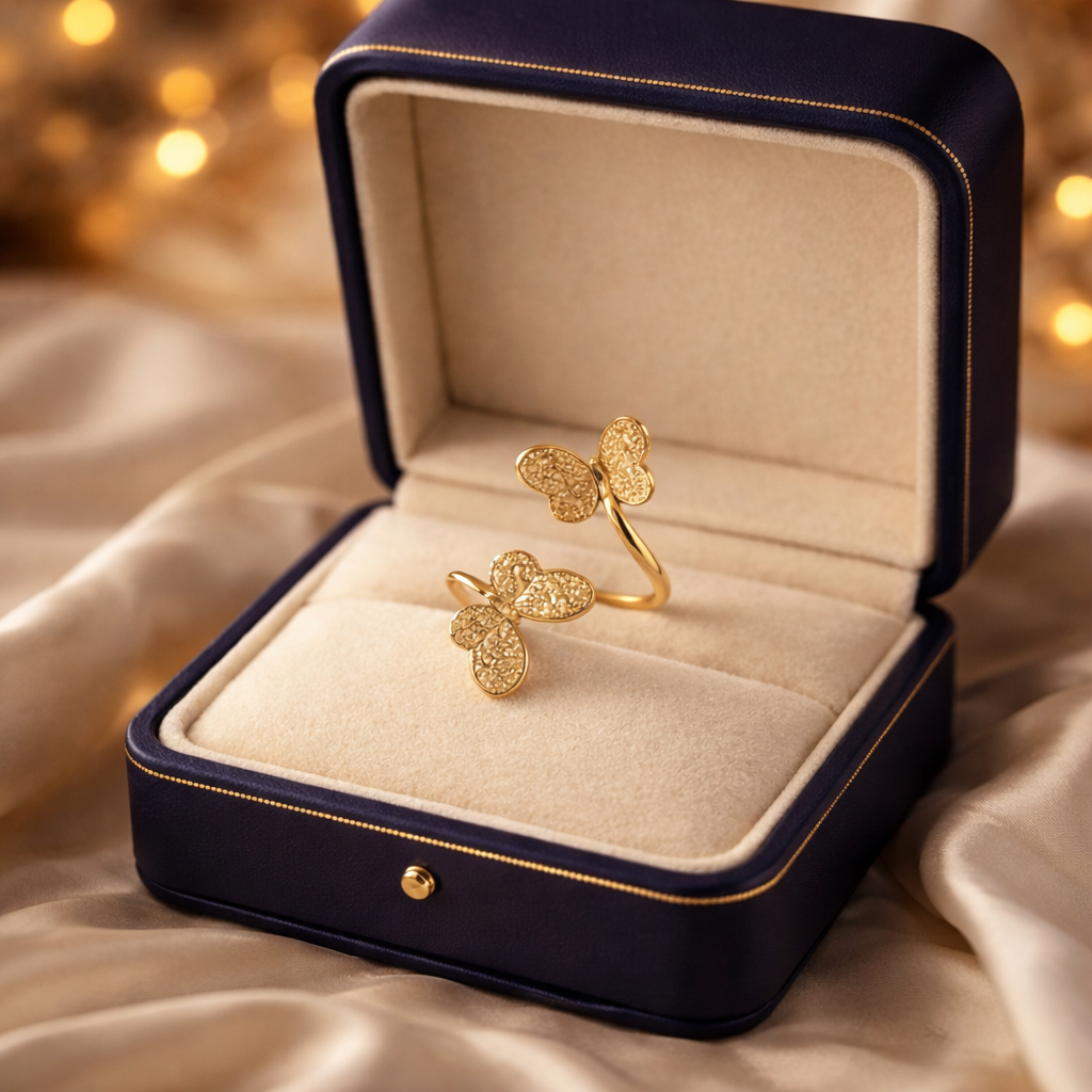 The ring in  a jewelry box. 