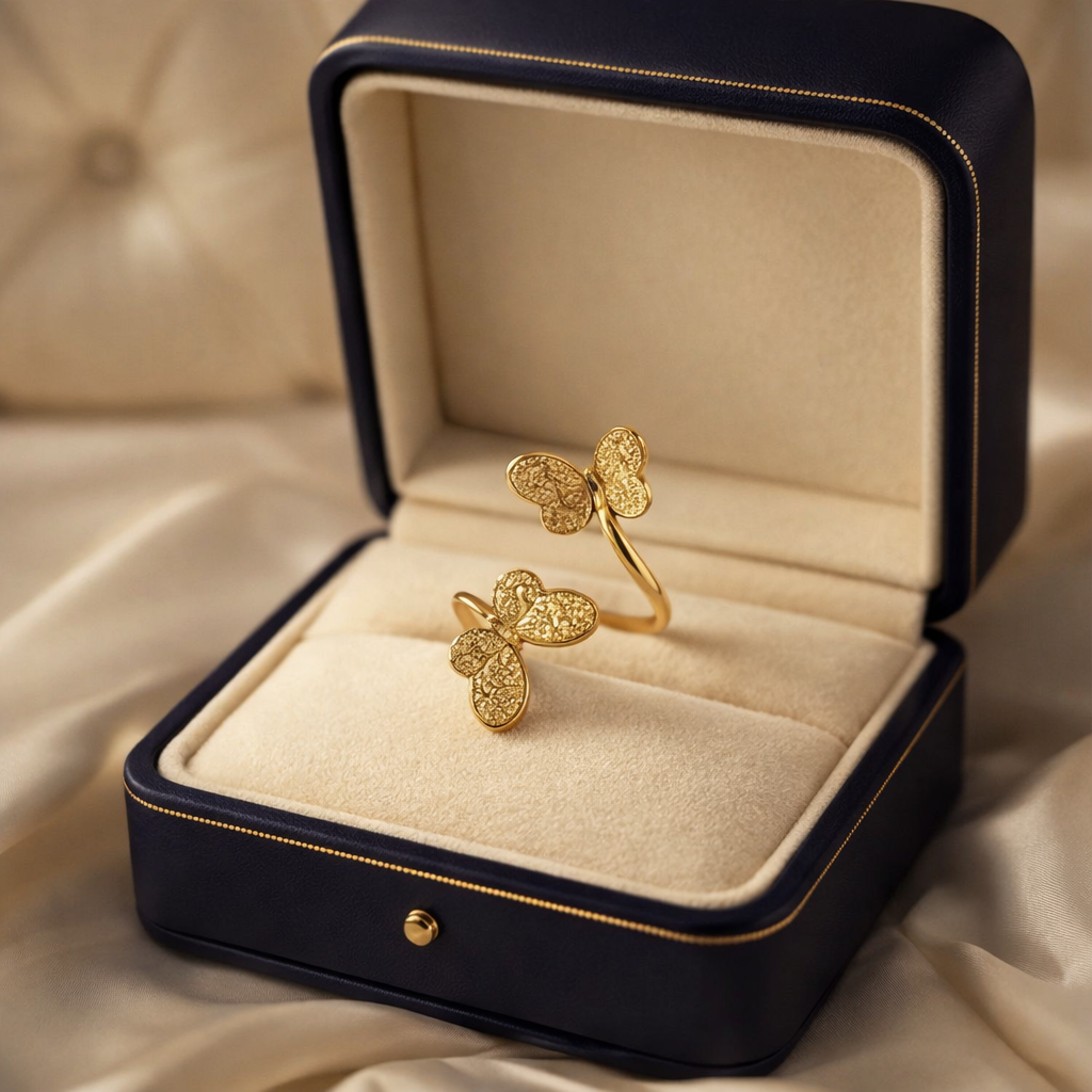 The ring in a jewelry box on a champagne cloth background 