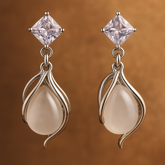 Sophisticated drop earrings with square-cut clear studs and teardrop-shaped stones encased in an elegant silver swirling frame
