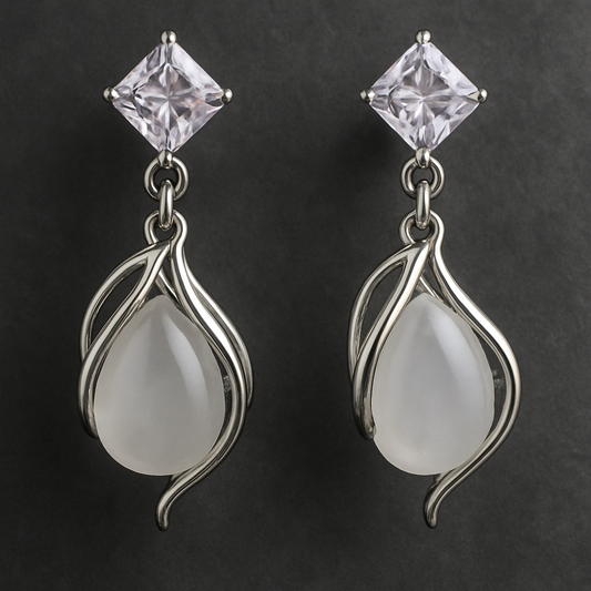 Sophisticated drop earrings with square-cut clear studs and teardrop-shaped stones encased in an elegant silver swirling frame