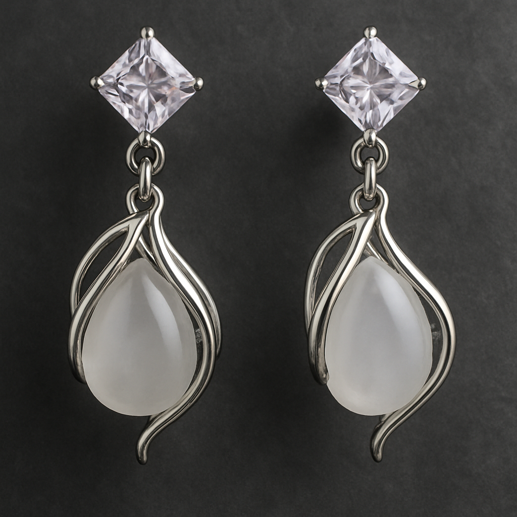 Sophisticated drop earrings with square-cut clear studs and teardrop-shaped stones encased in an elegant silver swirling frame