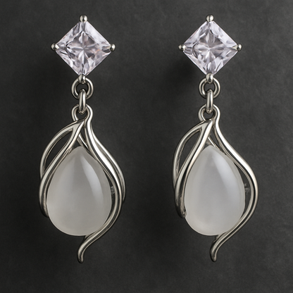 Sophisticated drop earrings with square-cut clear studs and teardrop-shaped stones encased in an elegant silver swirling frame