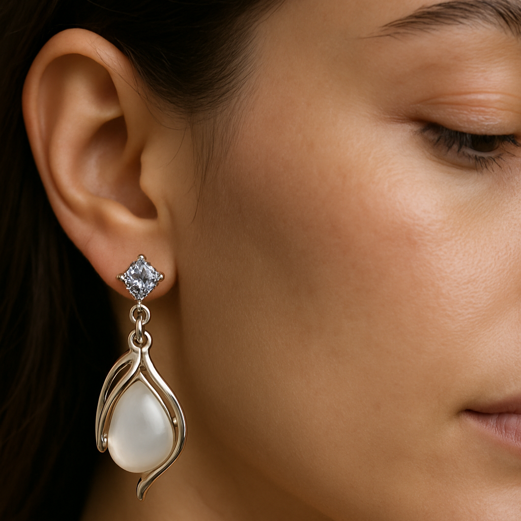 Sophisticated drop earrings with square-cut clear studs and teardrop-shaped stones encased in an elegant silver swirling frame