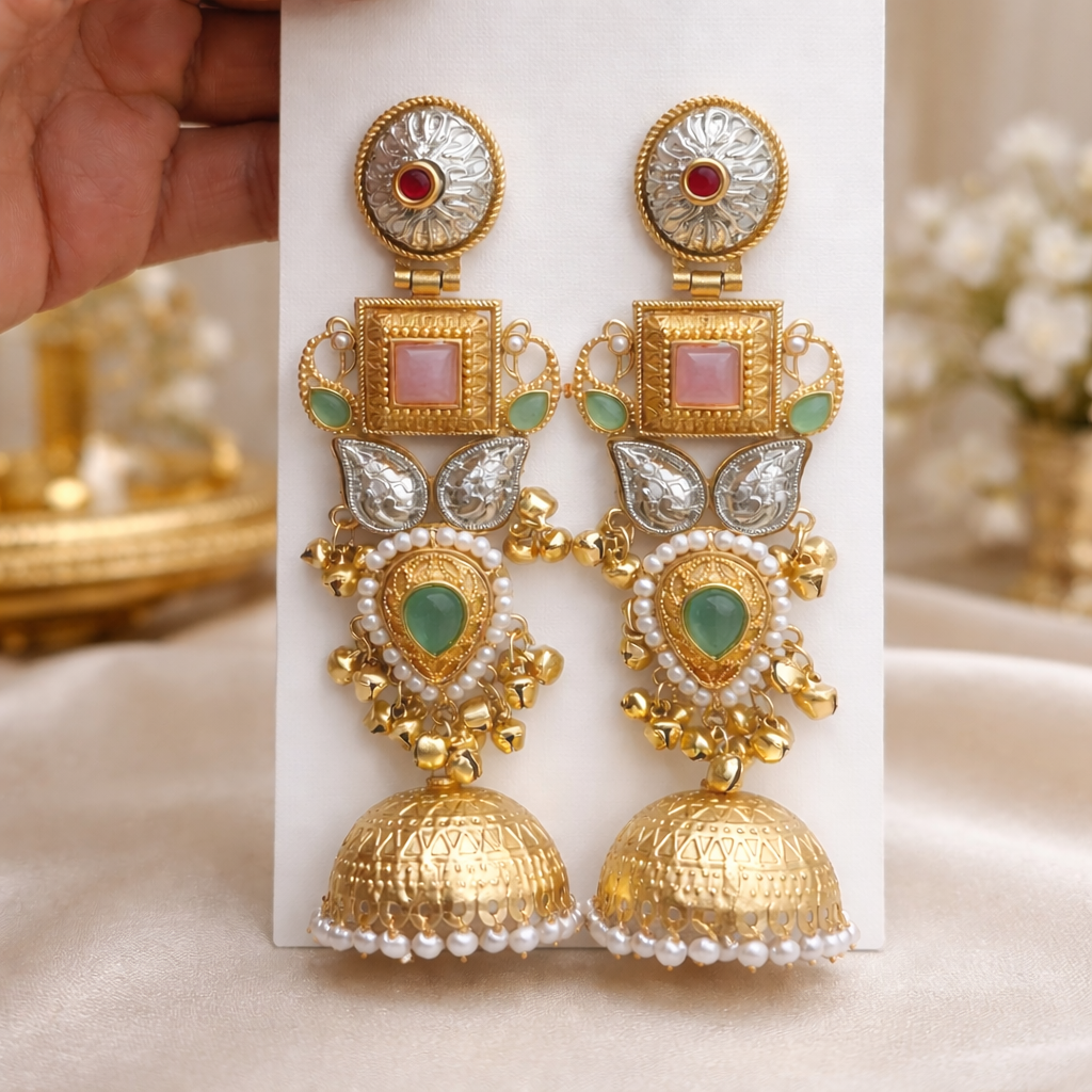 The earrings on a rose cloth background 