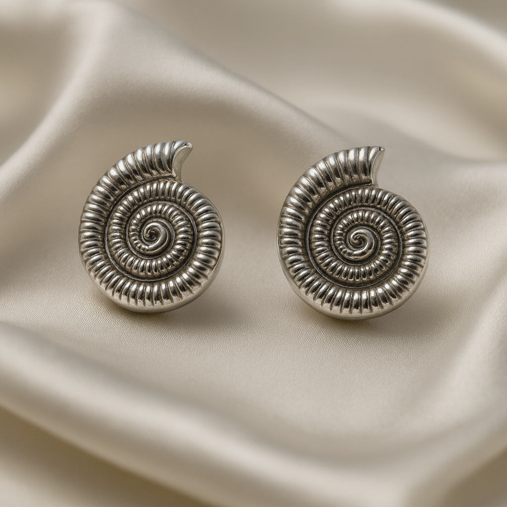 Silver spiral seashell-inspired earrings – Ocean Swirl by Ora Haven, elegant jewelry with ocean-inspired design
