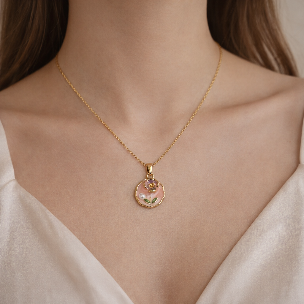 The pendant around a woman's neck