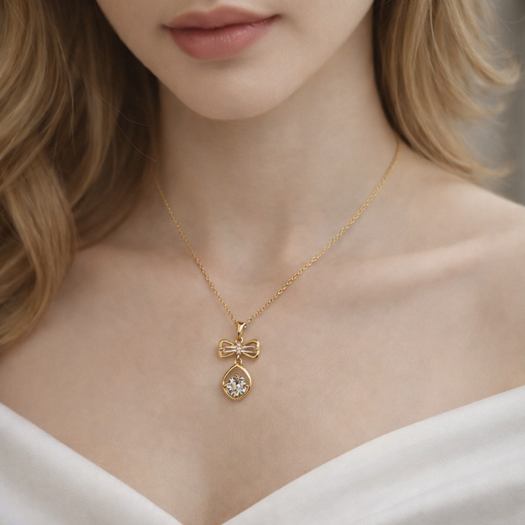 The necklace around a woman's neck