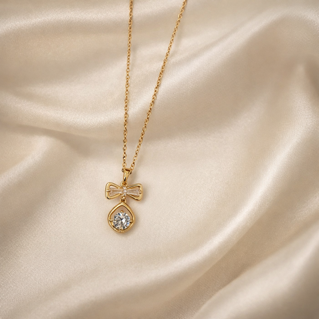 The necklace on a champagne cloth background  