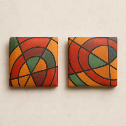 Two square tiles with geometric abstract designs in red, green, and orange on a beige background.