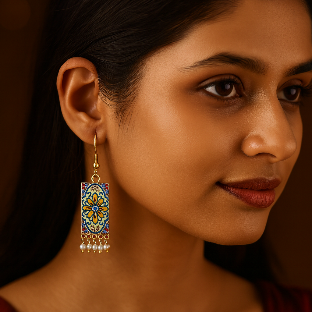 Close-up of a woman wearing a colorful earring with a blurred background
