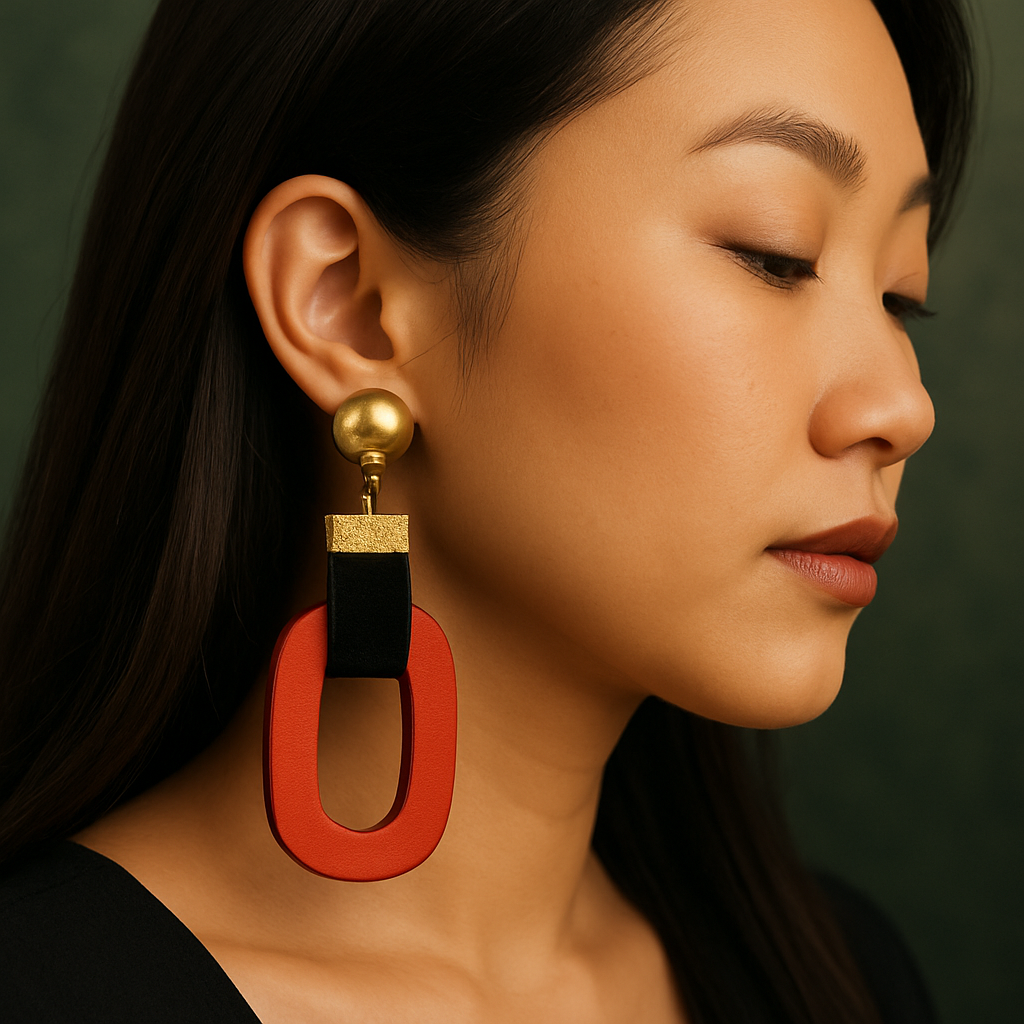 A close-up profile of a young East Asian woman wearing a bold statement earring featuring a gold stud, black velvet strap, and large red oval-shaped wooden pendant
