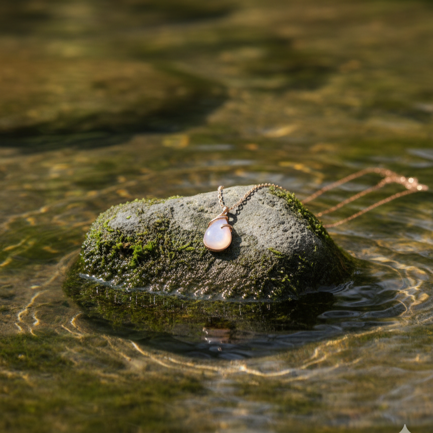 Necklace with a pendant on a moss-covered stone in water