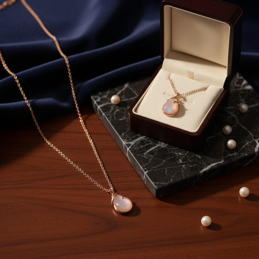 Rose gold necklace with a pendant on a dark surface, next to an open jewelry box.