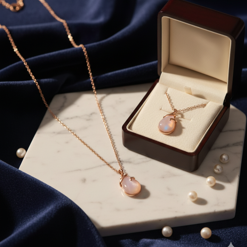 Rose gold necklace with a pendant on a marble surface next to an open jewelry box.