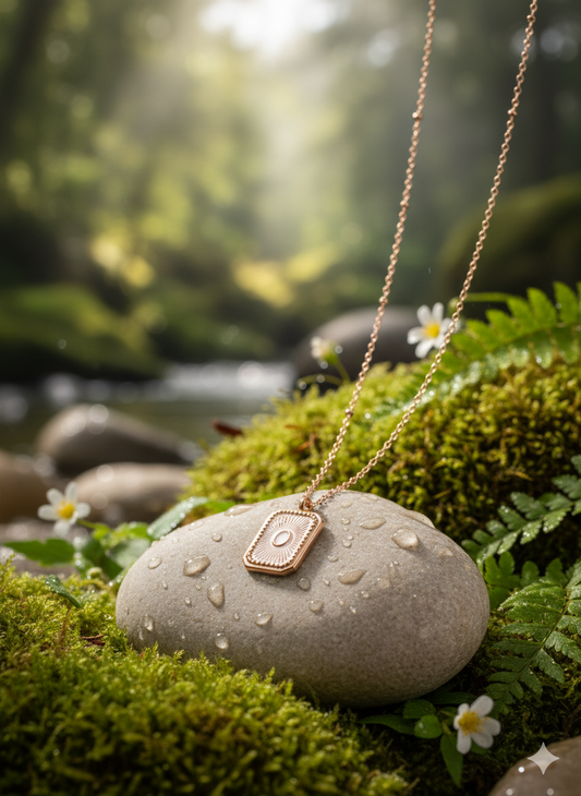 Necklace with a pendant on a stone in a forest setting