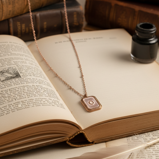 Necklace with a pendant on an open book next to an inkwell and feather