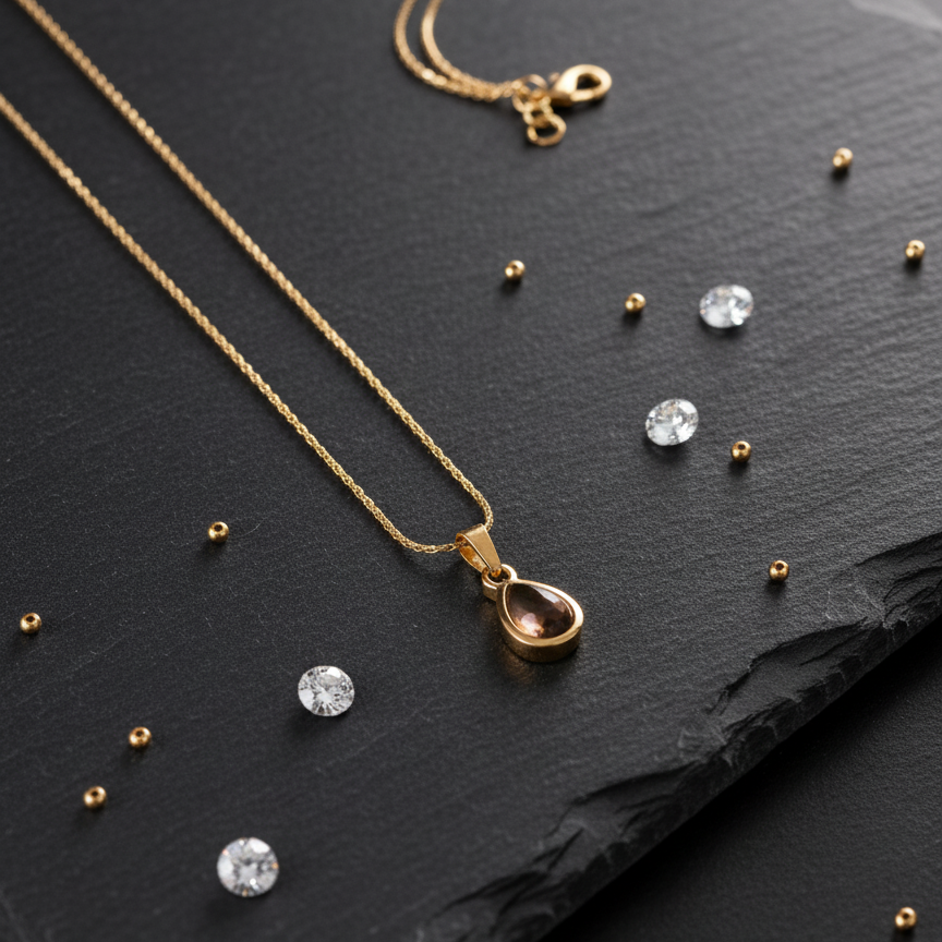 Gold necklace with a teardrop pendant on a dark surface