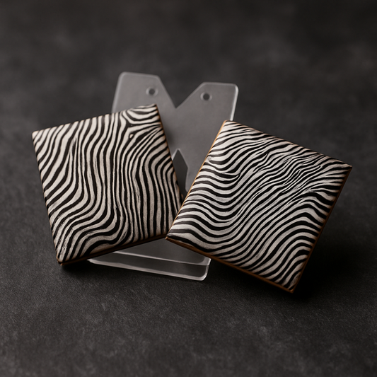 Pair of square earrings with black and white wavy zebra stripe patterns