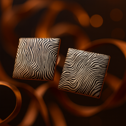 Pair of square earrings with black and white wavy zebra stripe patterns